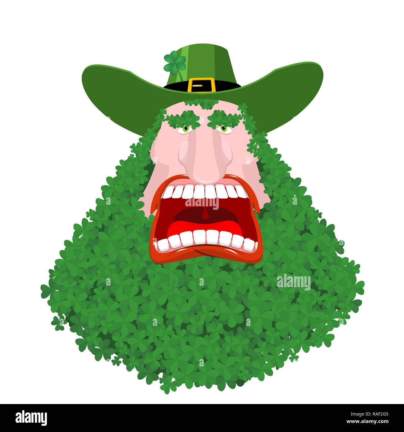 Leprechaun beard in Shamrock face. Clover mustache. Ireland holiday. St. Patrick's Day. Traditional Irish holiday. Green leaves trefoil Stock Vector