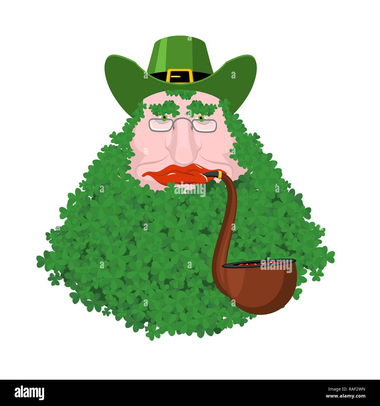 Leprechaun beard in Shamrock face. Clover mustache. Ireland holiday. St. Patrick's Day. Traditional Irish holiday. Green leaves trefoil Stock Vector