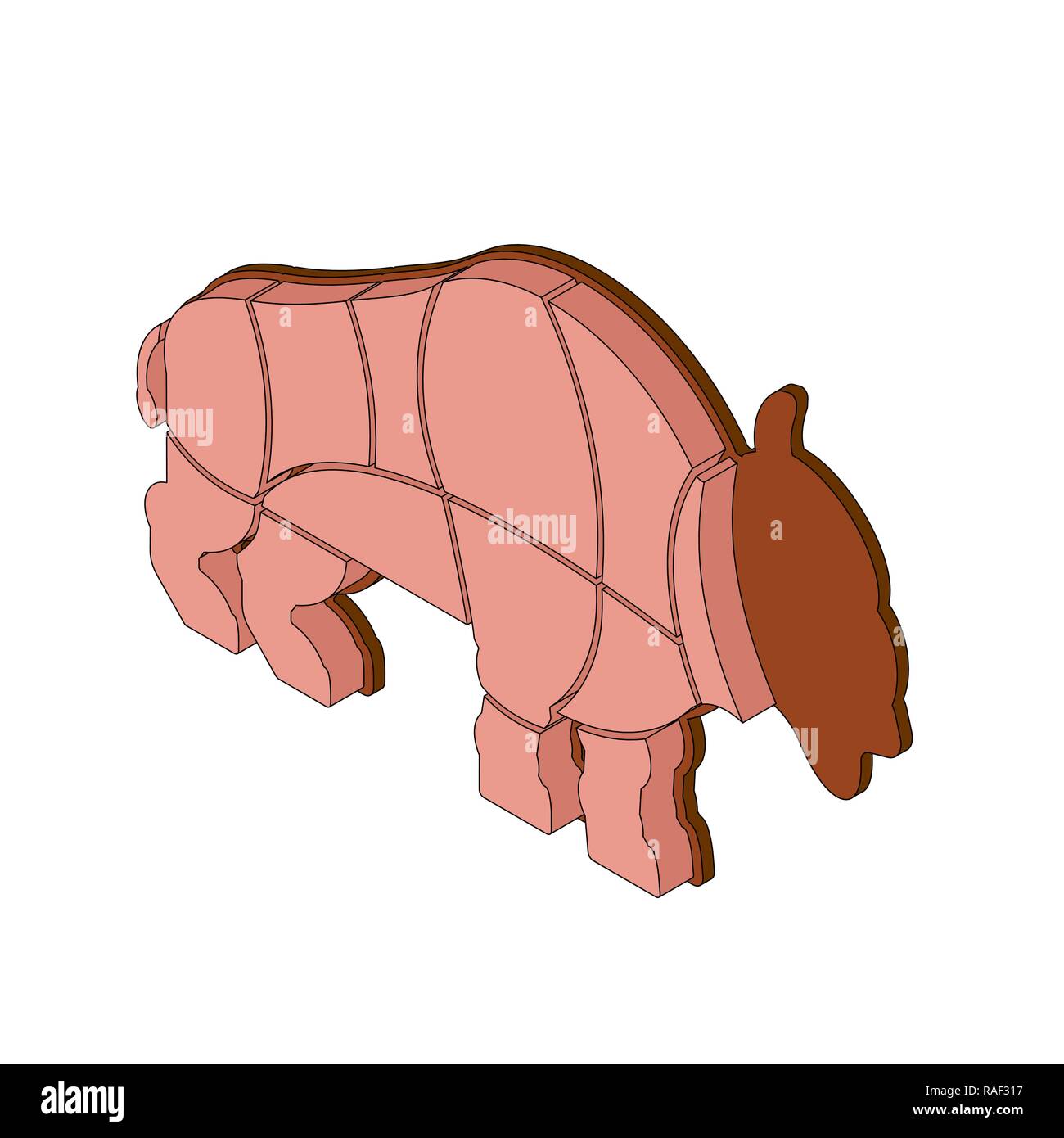 Cut of meat buffalo isometric. Bison silhouette scheme lines of different parts meat. How to cut flesh bull. Poster Butchers diagram for meat stores.  Stock Vector