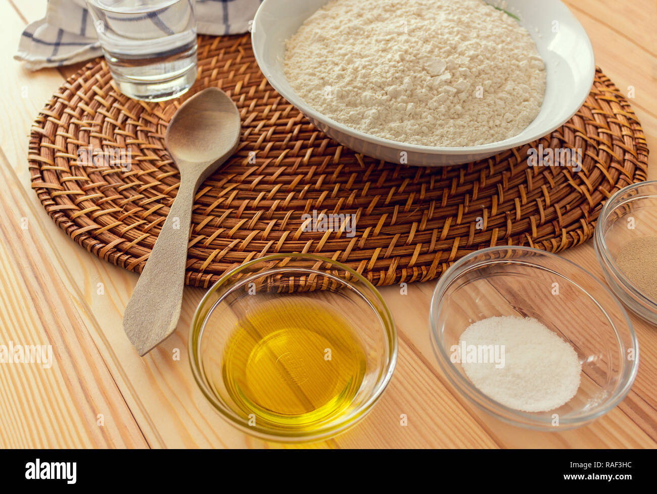 Flour, virgin olive oil and yeast prepared to cook healthily Stock