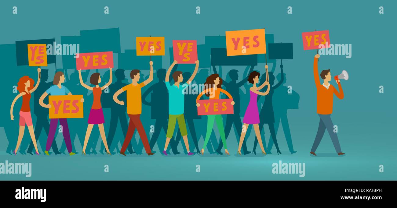 Crowd of people with banners walking on public manifestation. Demonstration, rights, parade vector illustration Stock Vector
