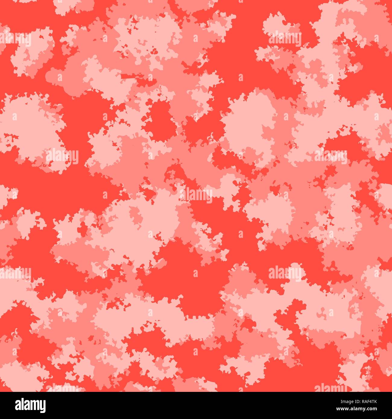 Fashion camo surface design. Digital tile camouflage pattern. Living coral marble color clouds seamless fabric texture Trendy camouflage salmon red te Stock Vector