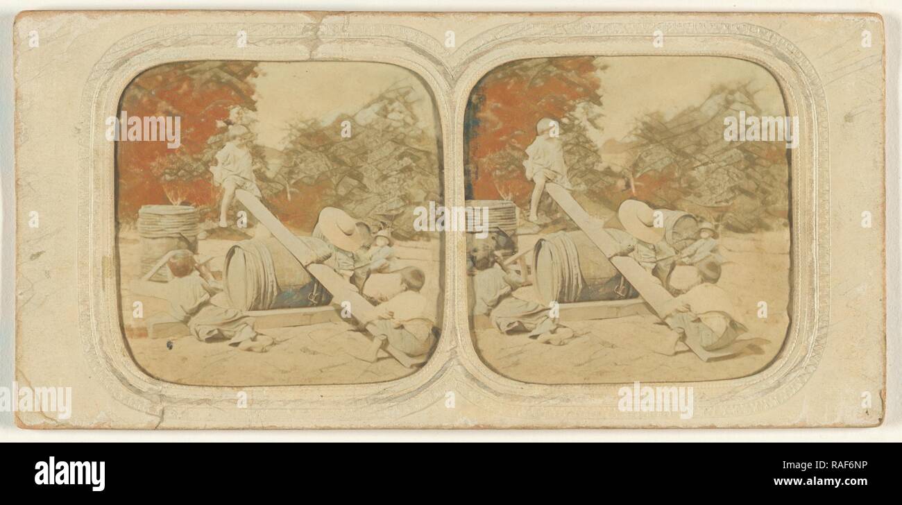 Children on makeshift see-saw, 1855 - 1860, Hand-colored Albumen silver print. Reimagined by Gibon. Classic art with reimagined Stock Photo