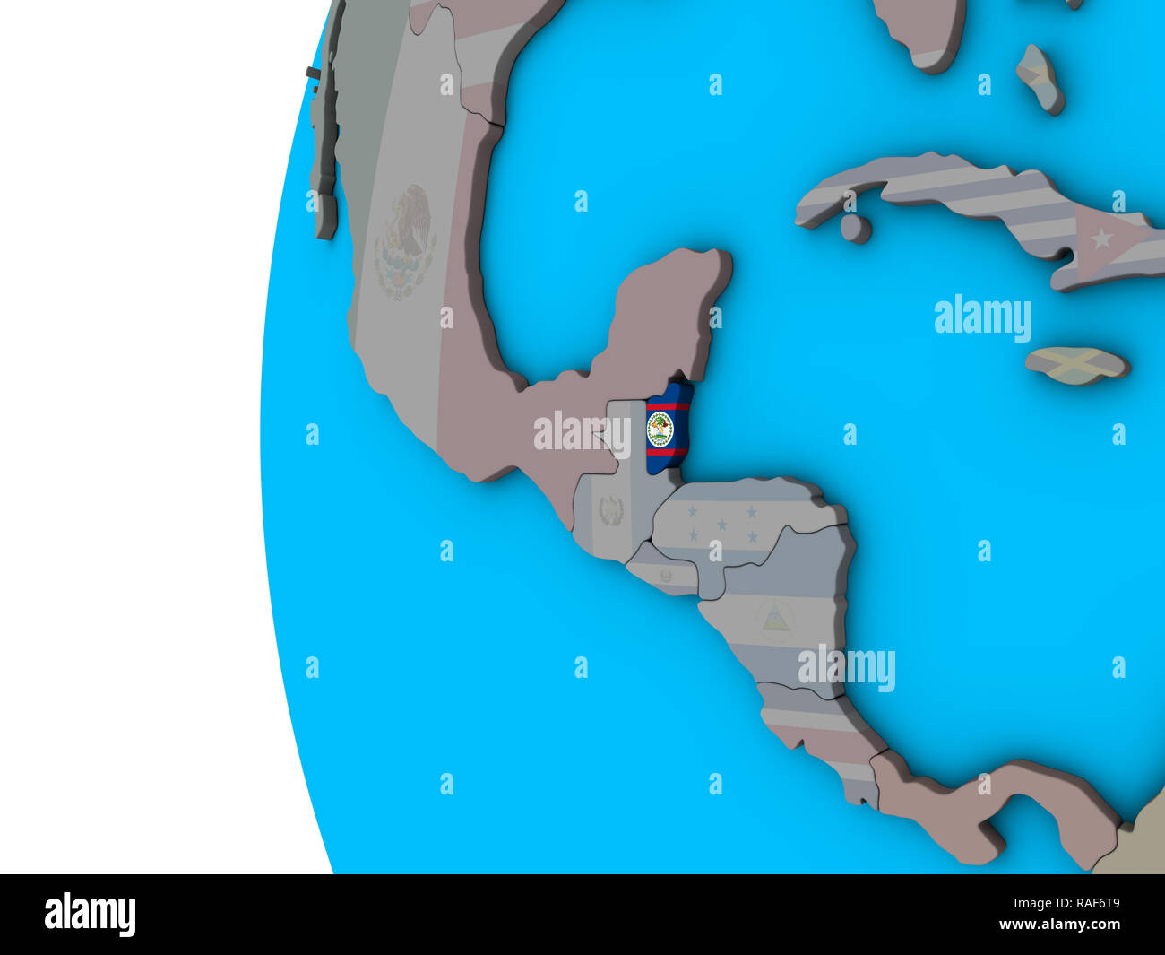 Belize with national flag on blue political 3D globe. 3D illustration ...