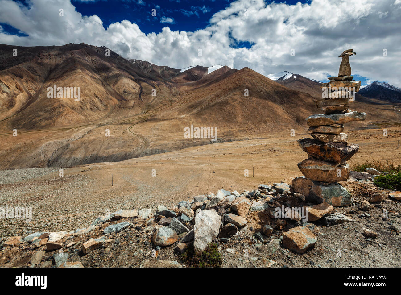 Stone cairn in Himalayas  Stock Photo