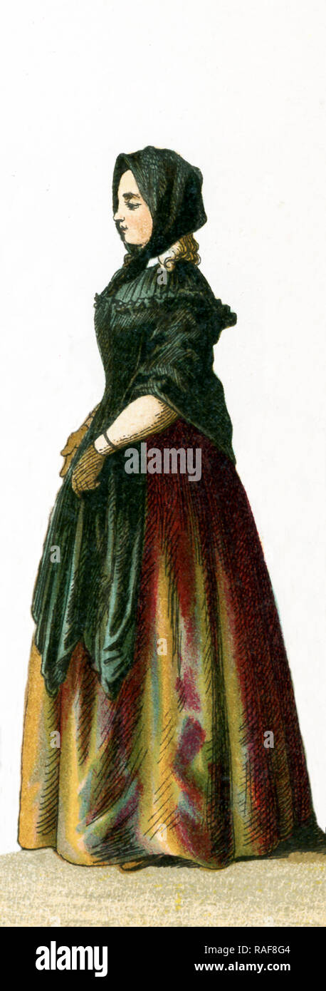 The figure pictured here is a German woman, a female citizen, in 1700. This illustration dates to 1882. Stock Photo