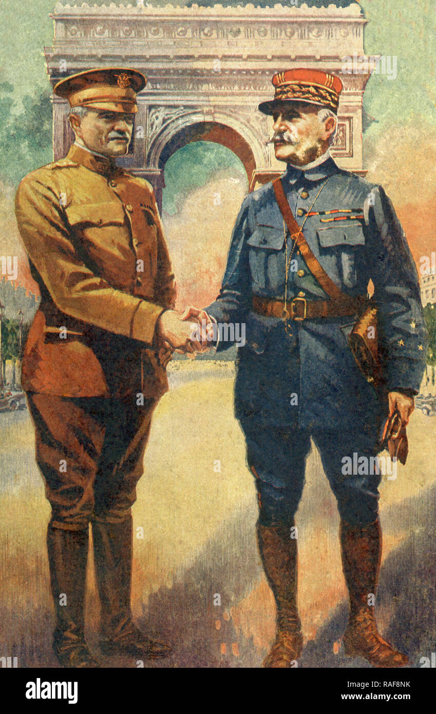 The title refers to World War I. The figures are the British commander General Douglas Haig and the French commander General Ferdinand Foch. Haig commanded the British Expeditionary Force on the Western front from 1915 to the end of the war. Foch served as the Supreme Allied Commander during the war. Behind them in this illustration is the Arc de Triomphe in Paris. Stock Photo