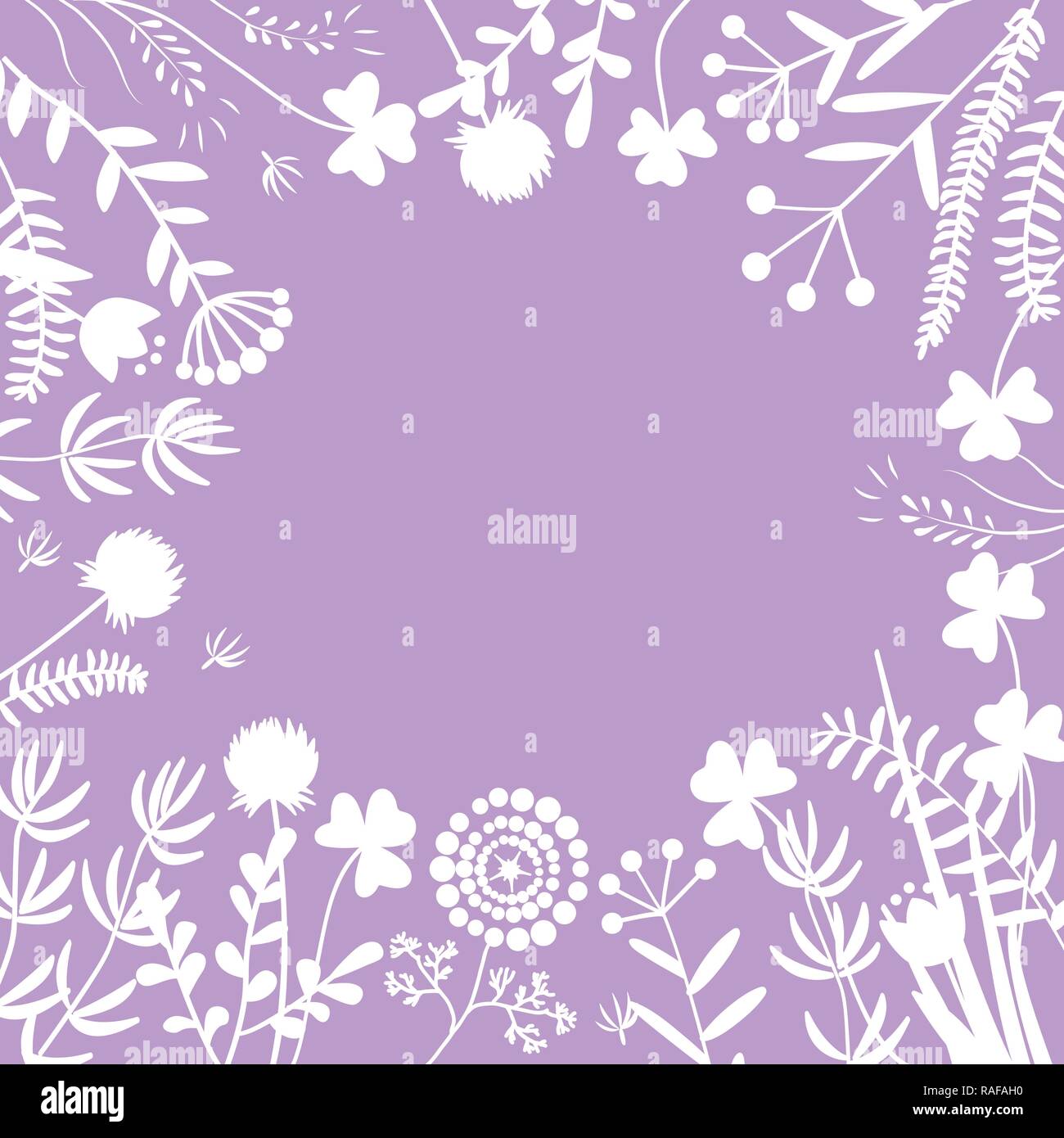 Stylish floral frame, white on purple. Card, template for the invitation Stock Vector