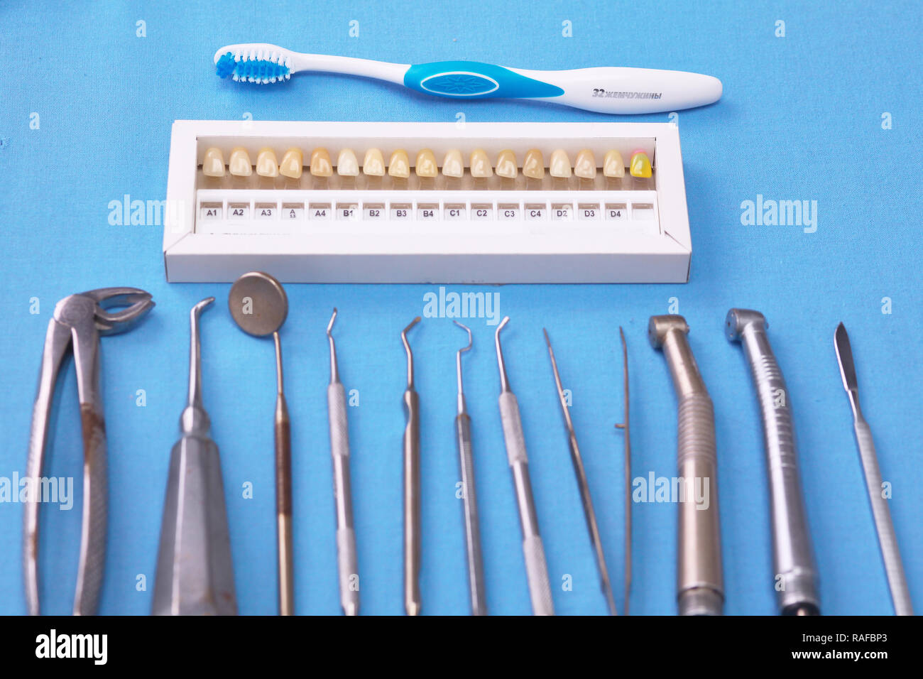 Dental tools on white background. Medical technology concept. Dental  hygiene. Cure concept. Dentist tools. Dental equipment. Stock Photo