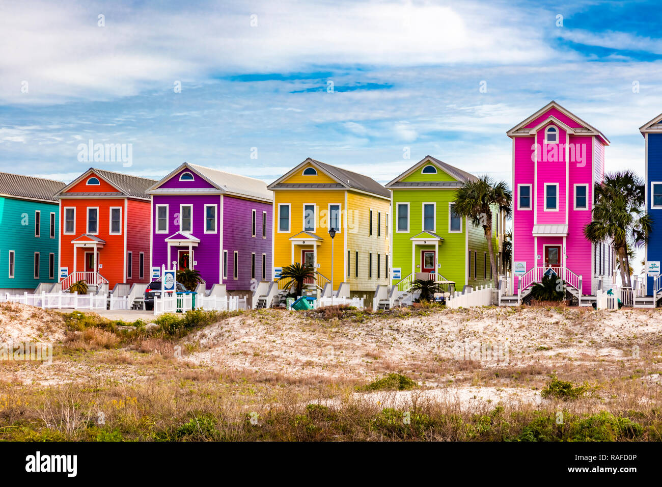 Colotful beach houses on St George Island in the panhandle or forgotten coast area of Florida in the United States Stock Photo