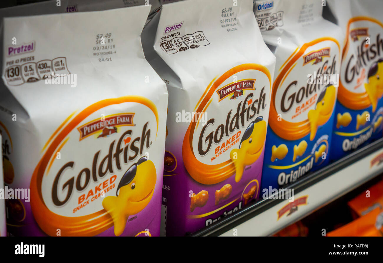 New York NY/USA-December 20 2018 Packages of the immensely popular Campbell Soup Co.'s Pepperidge Farm brand Goldfish snacks in a variety of flavors in a supermarket in New York on Thursday, December 20, 2018. Mark Clouse, formerly at Pinnacle Foods and Mondelez International, will take over as president and CEO of The Campbell Soup Co. starting in late January. (Â© Richard B. Levine) Stock Photo