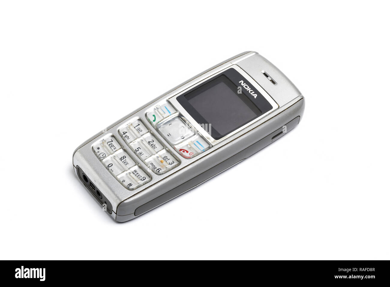 Nokia 1600 mobile phone or cell phone, from 2006. Well used. Stock Photo