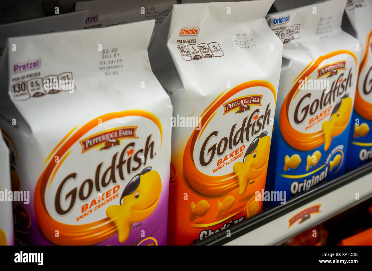 New York NY/USA-December 20 2018 Packages of the immensely popular Campbell Soup Co.'s Pepperidge Farm brand Goldfish snacks in a variety of flavors in a supermarket in New York on Thursday, December 20, 2018. Mark Clouse, formerly at Pinnacle Foods and Mondelez International, will take over as president and CEO of The Campbell Soup Co. starting in late January. (Â© Richard B. Levine) Stock Photo