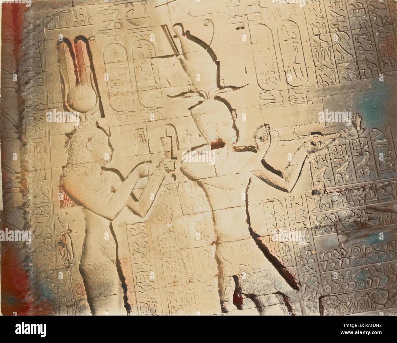 Wall carved with ancient Egyptian deities, Egypt, about 1860 1880, Tinted Albumen silver print