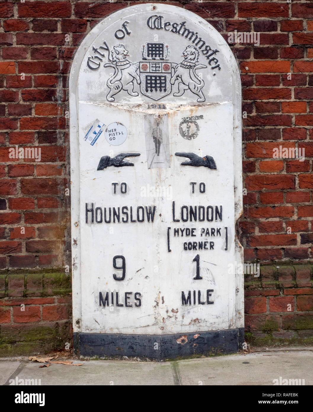 Historic milestone Kensington Gore, Kensington, London, England, UK. Stock Photo