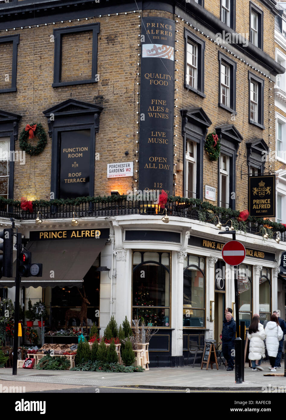 Prince Alfred public house in Bayswater, London, sits on the corner of Queensway and Porchester Gardens, Bayswater, London, UK. Stock Photo
