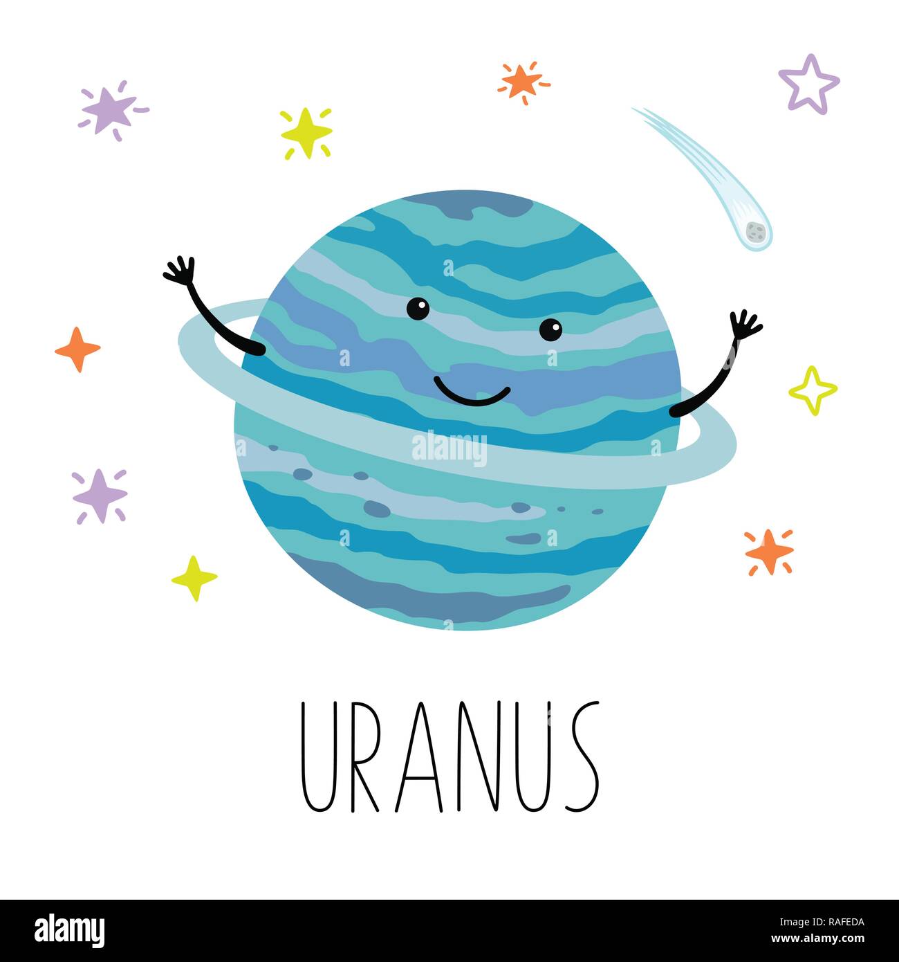 Cartoon Uranus planet. Vector illustration isolated on white background. Cute print for baby products. Stock Vector