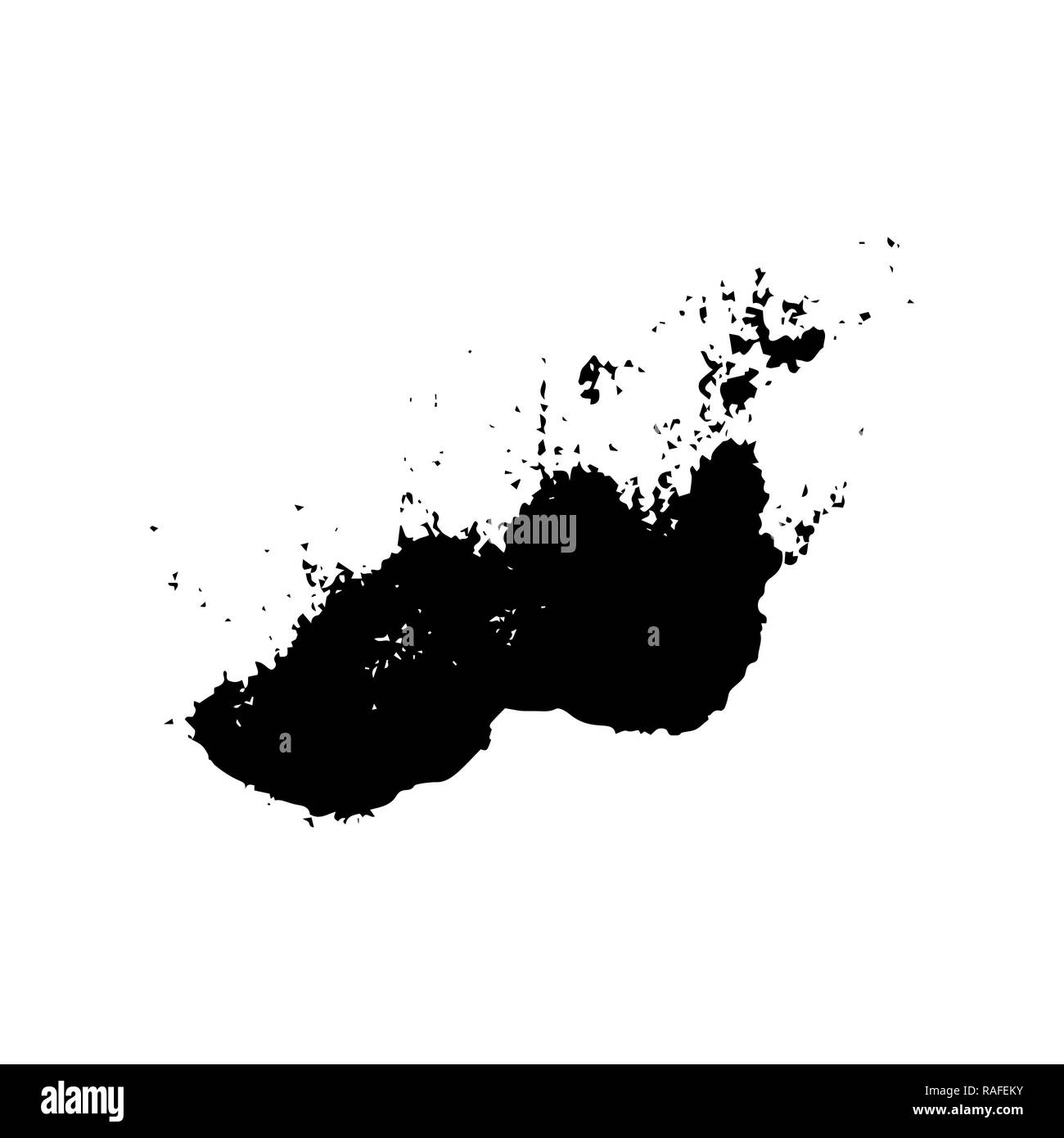 Ebony ink blob. Black blotch on white background. Ink splatter with droppings. Black paint spilled drop cover and textile design element. Paint blob. Inkblot on paper. Isolated vector illustration Stock Vector
