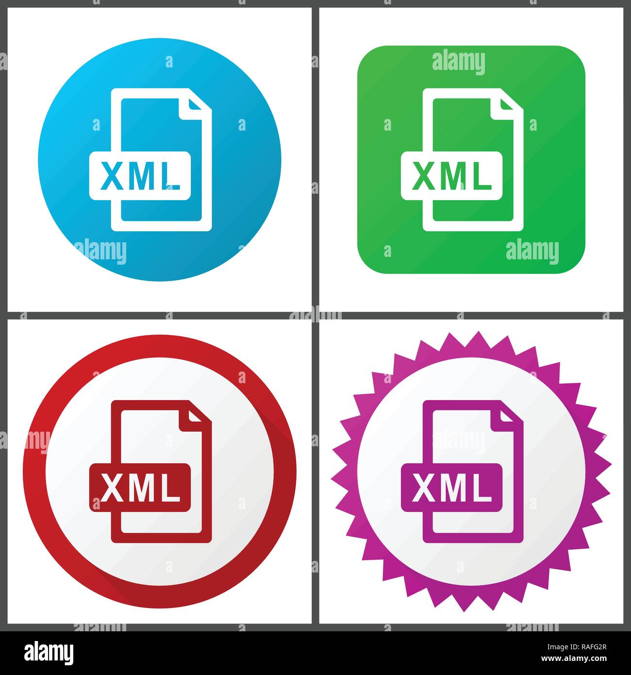 Xml file vector icon set. Flat design web icons in eps 10. Colorful internet buttons in four versions. Stock Vector