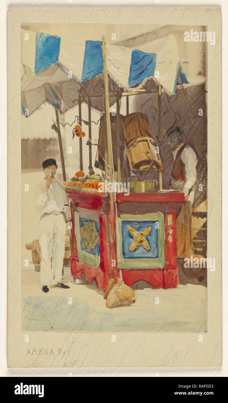 Juice seller at cart with customer imbibing, both standing, Giacomo Arena (Italian, 1818 - 1906), 1870 - 1875, Hand- reimagined Stock Photo