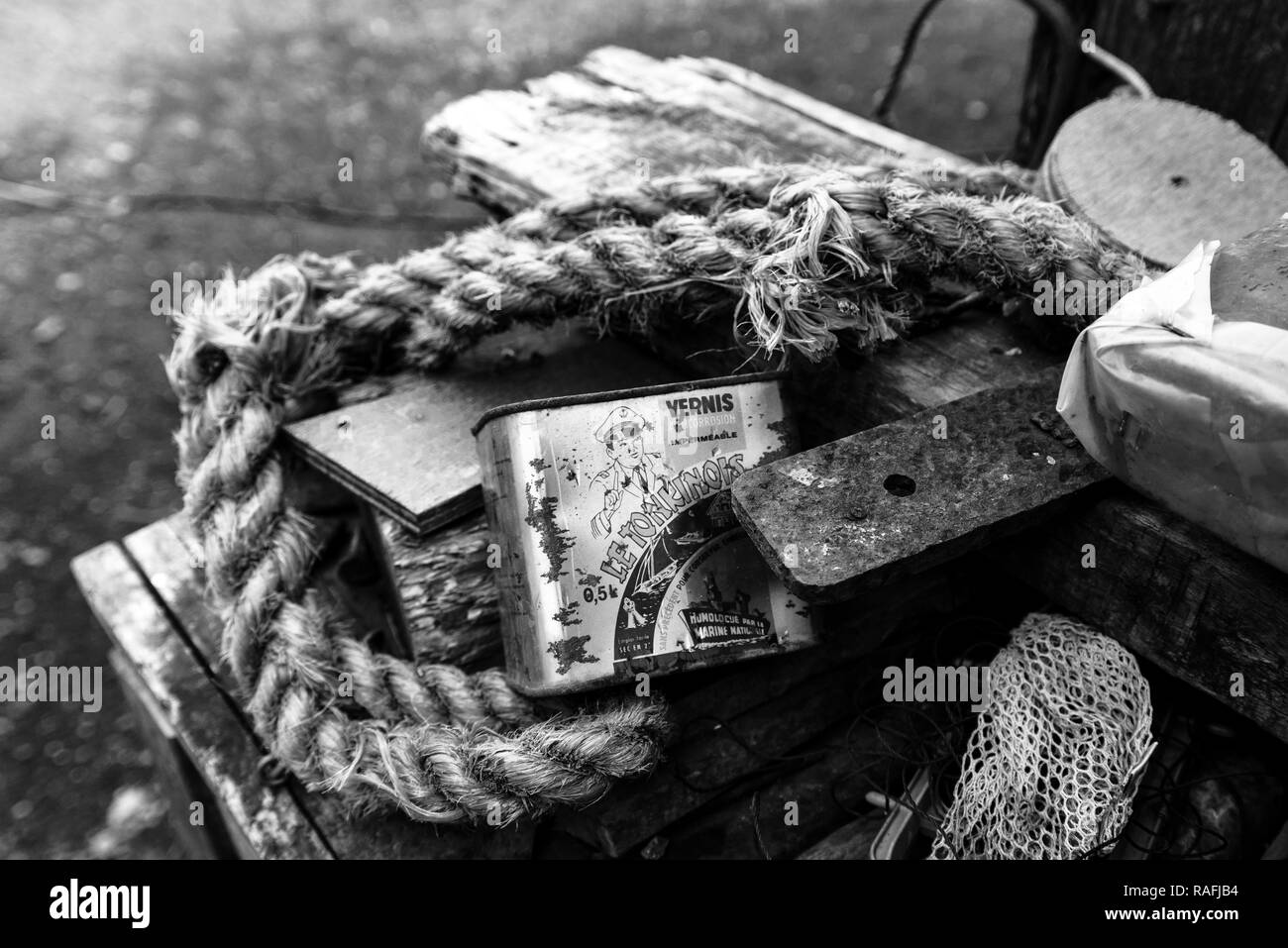 Black & white atmospheric still life containing yachting paraphenalia . Tollesbury Marina, Maldon, Essex, UK Stock Photo