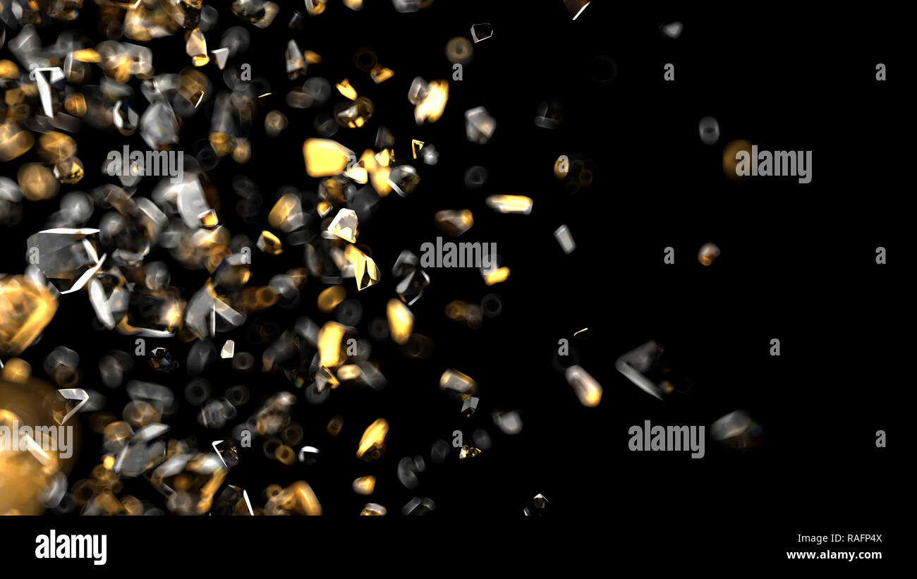 Gold and glass particles on black background. 3d render illustration Stock Photo