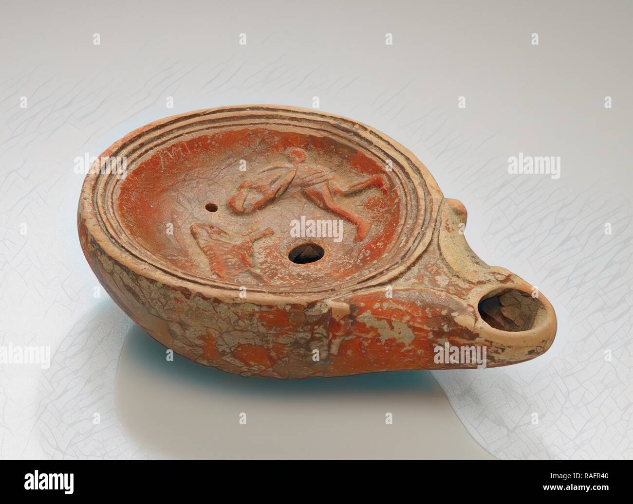 Lamp, North Africa, 1st - 4th century, Terracotta, 3 x 7 x 10.2 cm (1 3,16 x 2 3,4 x 4 in.). Reimagined Stock Photo