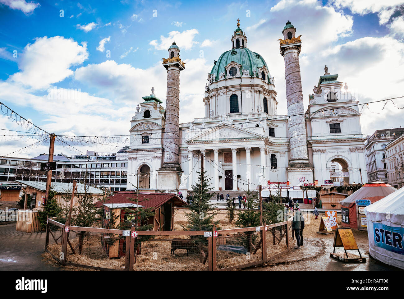 Charles's Church or Karlskirche with Christmas Market in Vienna Stock