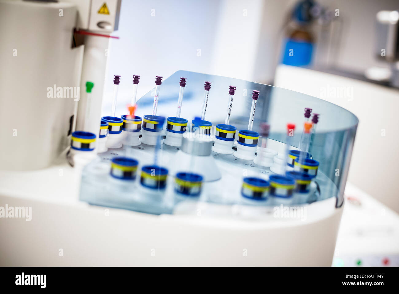 Autosampler of NMR spectrometer with samples Stock Photo