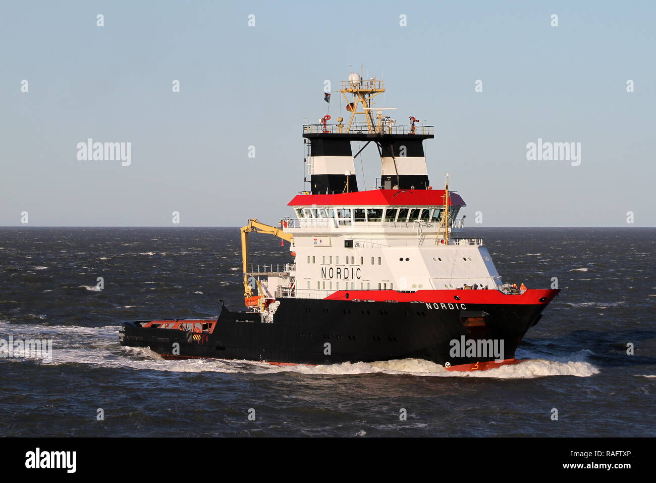 The emergency tug Nordic returns on 2 January 2019 from an emergency operation on the North Sea to Cuxhaven. Stock Photo