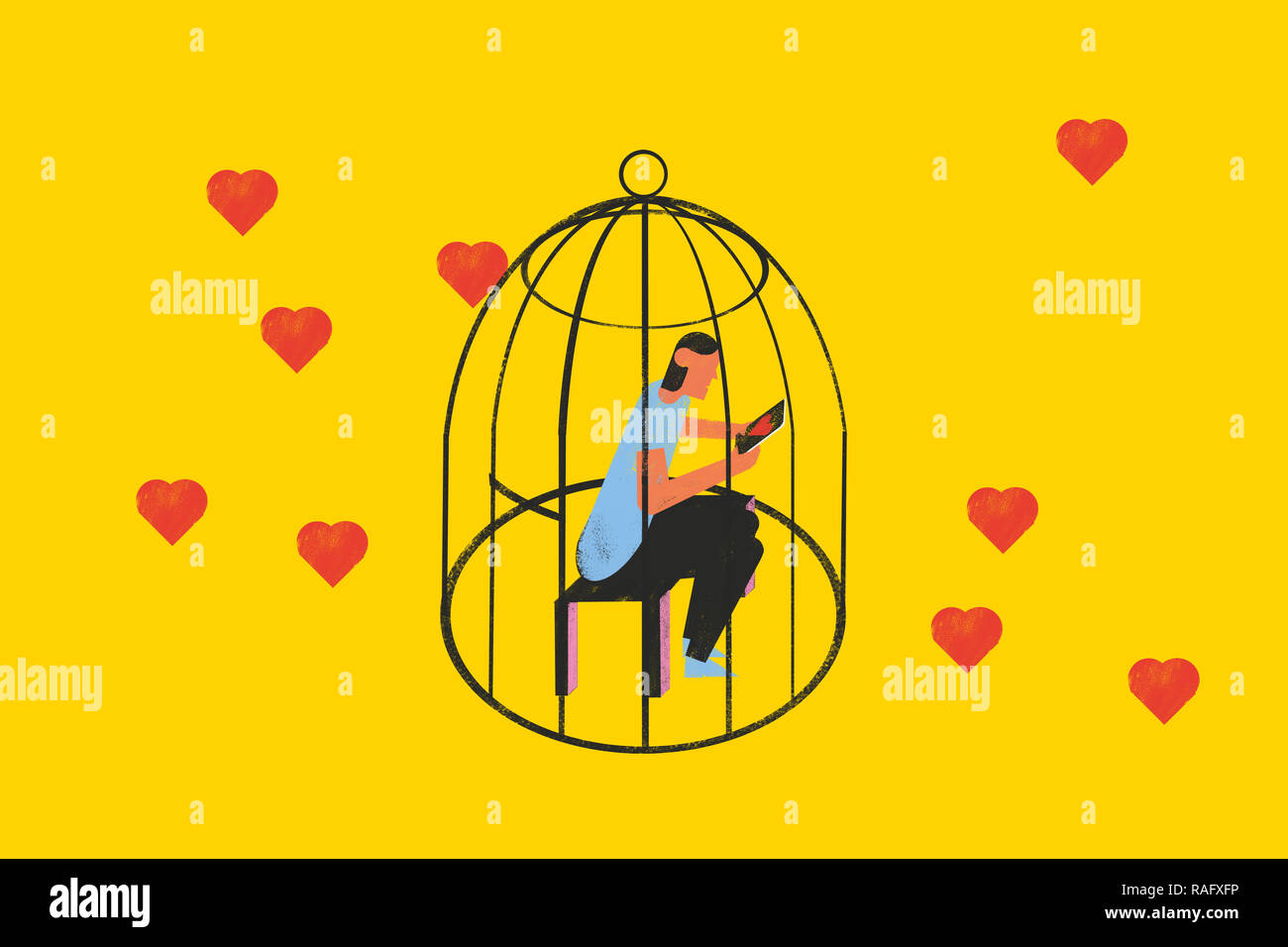 He did not pay attention to real love while searching for online dating. Conceptual illustration shows a person locked in a cage looking at the mobile Stock Photo