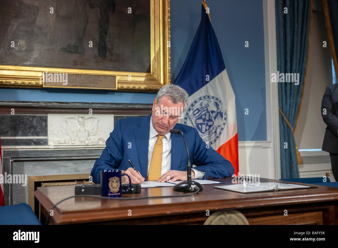 New York Mayor Bill de Blasio at a bill signing in New York City Hall on Wednesday, January 2, 2019. The mayor signed into law legislation that enables stronger campaign finance laws (Intro. 1288) and one that formerly sets the date, February 29, 2019, for the Public Advocate Special Election. (© Richard B. Levine) Stock Photo