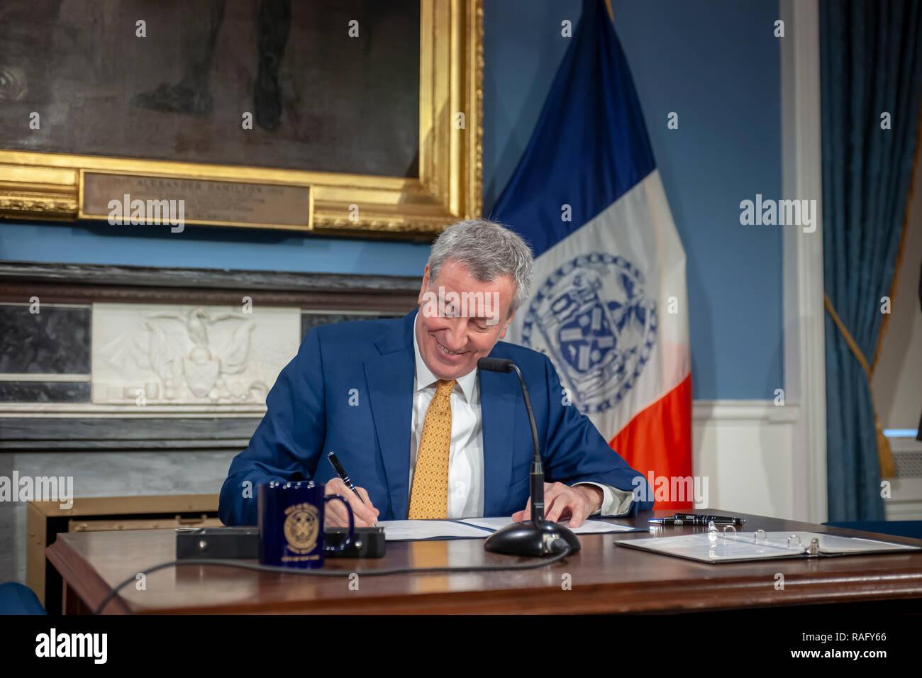 New York Mayor Bill de Blasio at a bill signing in New York City Hall on Wednesday, January 2, 2019. The mayor signed into law legislation that enables stronger campaign finance laws (Intro. 1288) and one that formerly sets the date, February 29, 2019, for the Public Advocate Special Election. (© Richard B. Levine) Stock Photo