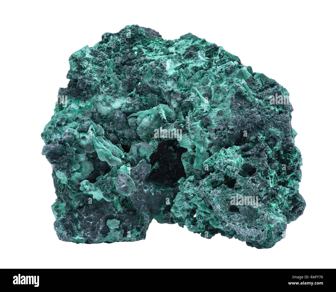 Dark green fibrous Malachite cluster from Shaba Province, Zaire, isolated on white background. Stock Photo