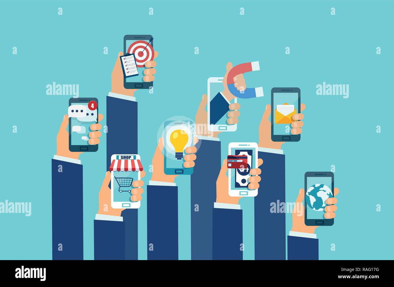 Vector of multiple hands holding smartphones with mobile applications