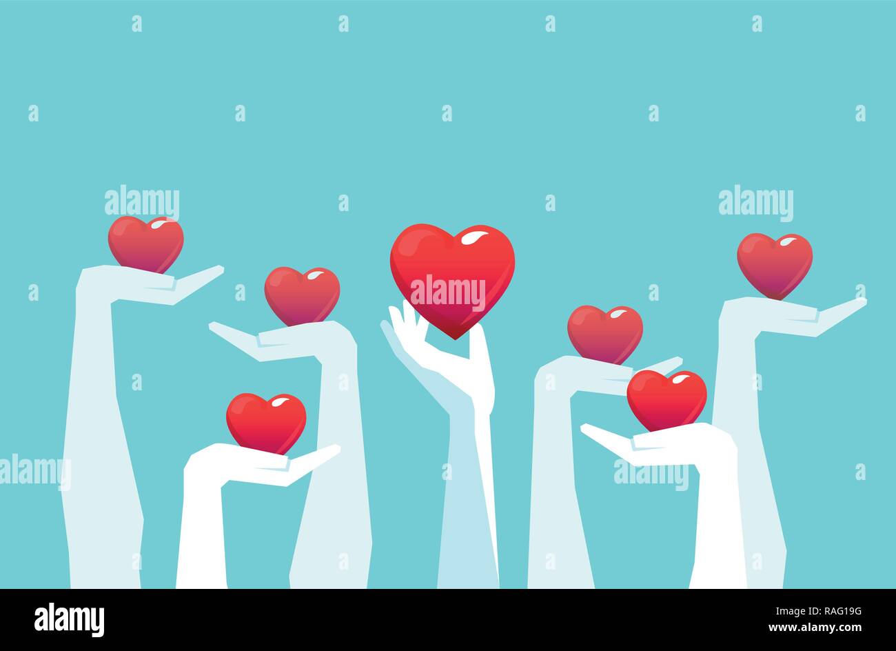 Vector of raised hands holding giving red color hearts isolated on light blue background. Charity volunteering voting concept. Stock Vector