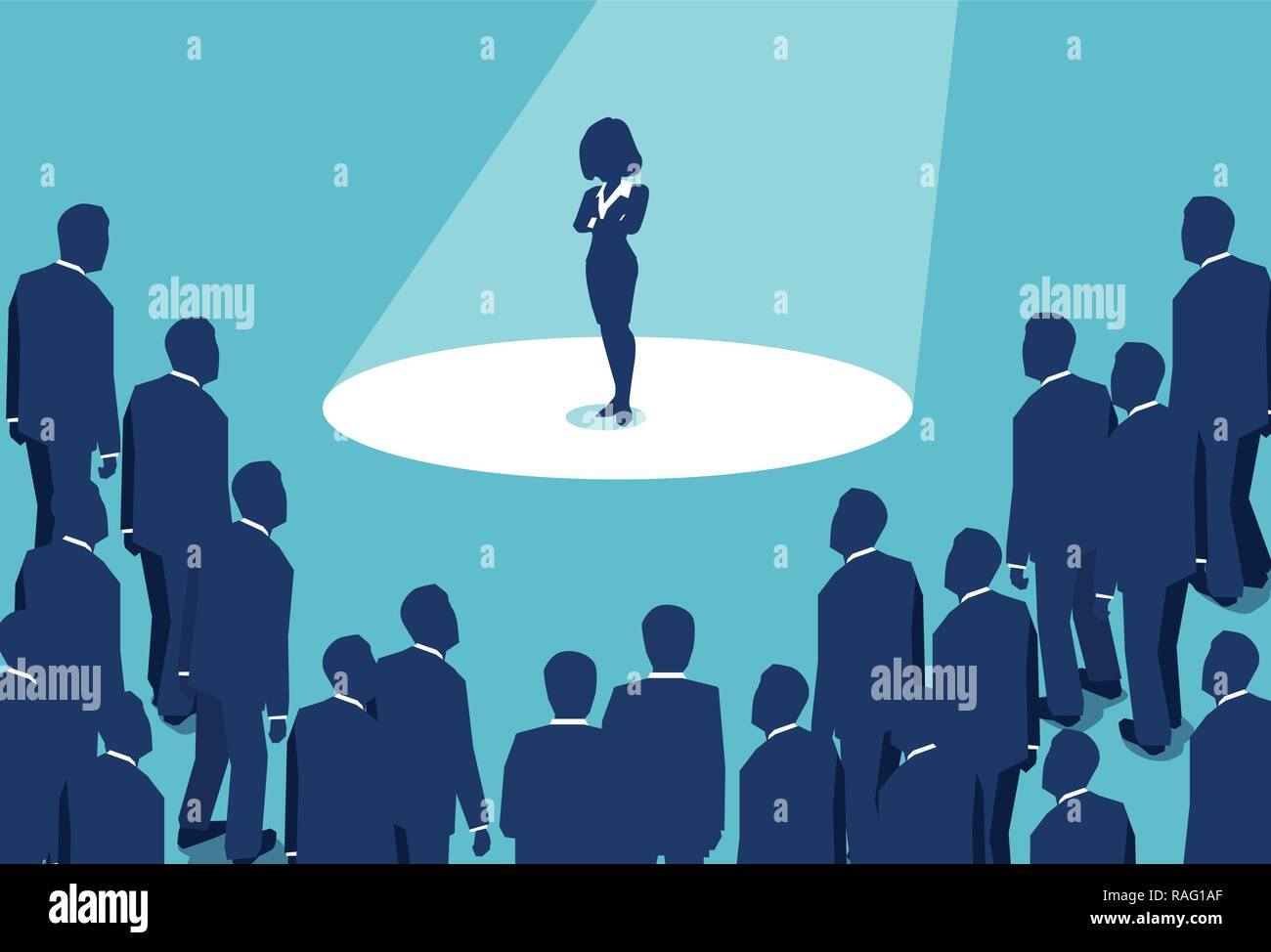 Graphic design of businesswoman standing in spotlight being boss and leader among men in business world Stock Vector