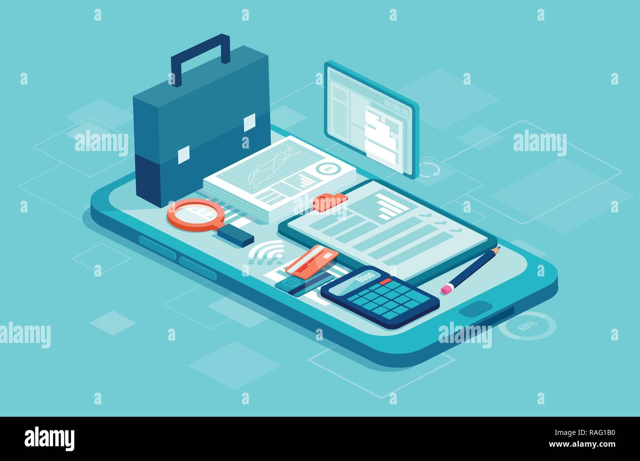Finance management app for enterprises concept. Vector of a business equipment and icons on a smartphone Stock Vector