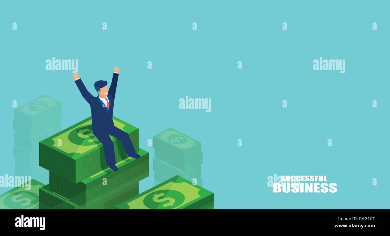 Graphic design of businessman in isometric style sitting on tall pile of dollars celebrating victory on blue background Stock Vector