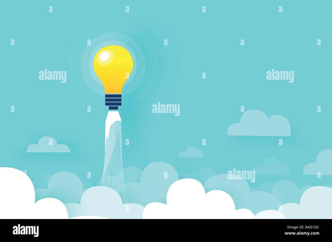 Vector of light bulb rocket flying up over clouds. Innovation concept