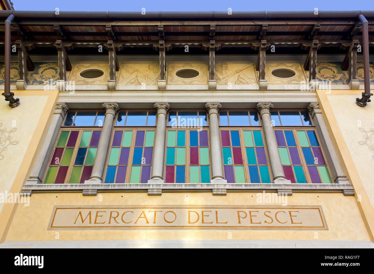 Facade of the former fish market, now public exhibition gallery. The italian text on the wall reads "Fish Market". Stock Photo