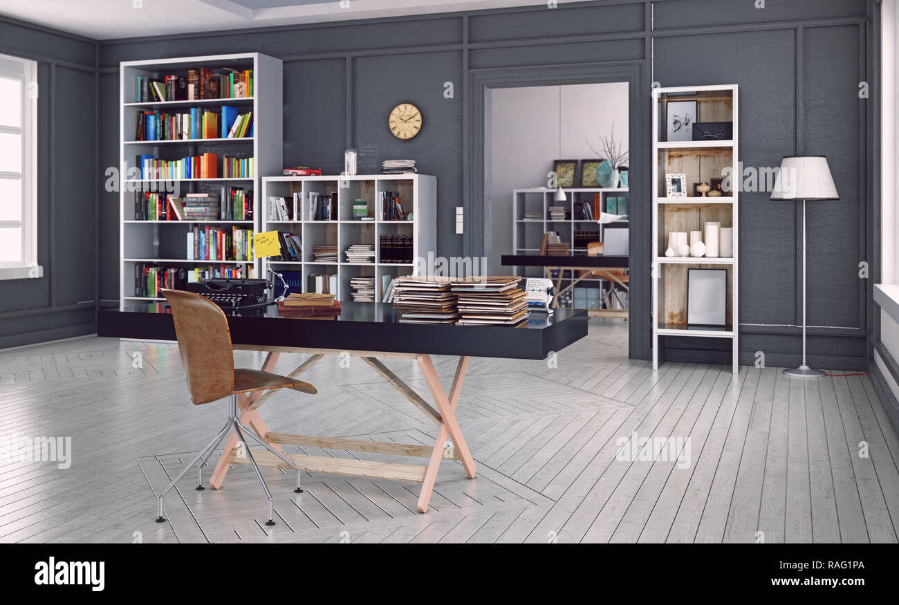 modern home office interior. 3d design rendering. Depth of field visual effect Stock Photo