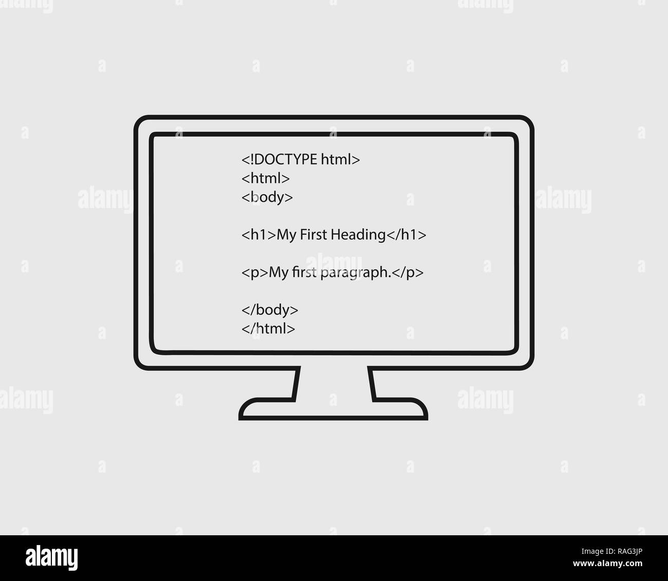 HTML line Icon. HTML code in computer screen. Stock Vector