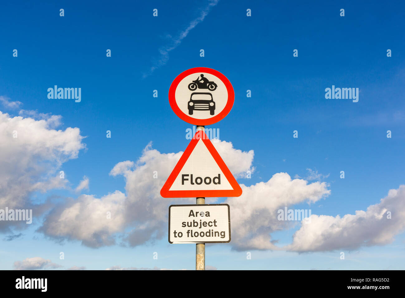 Flood warning signs at Dunwich, Suffolk, UK. Stock Photo