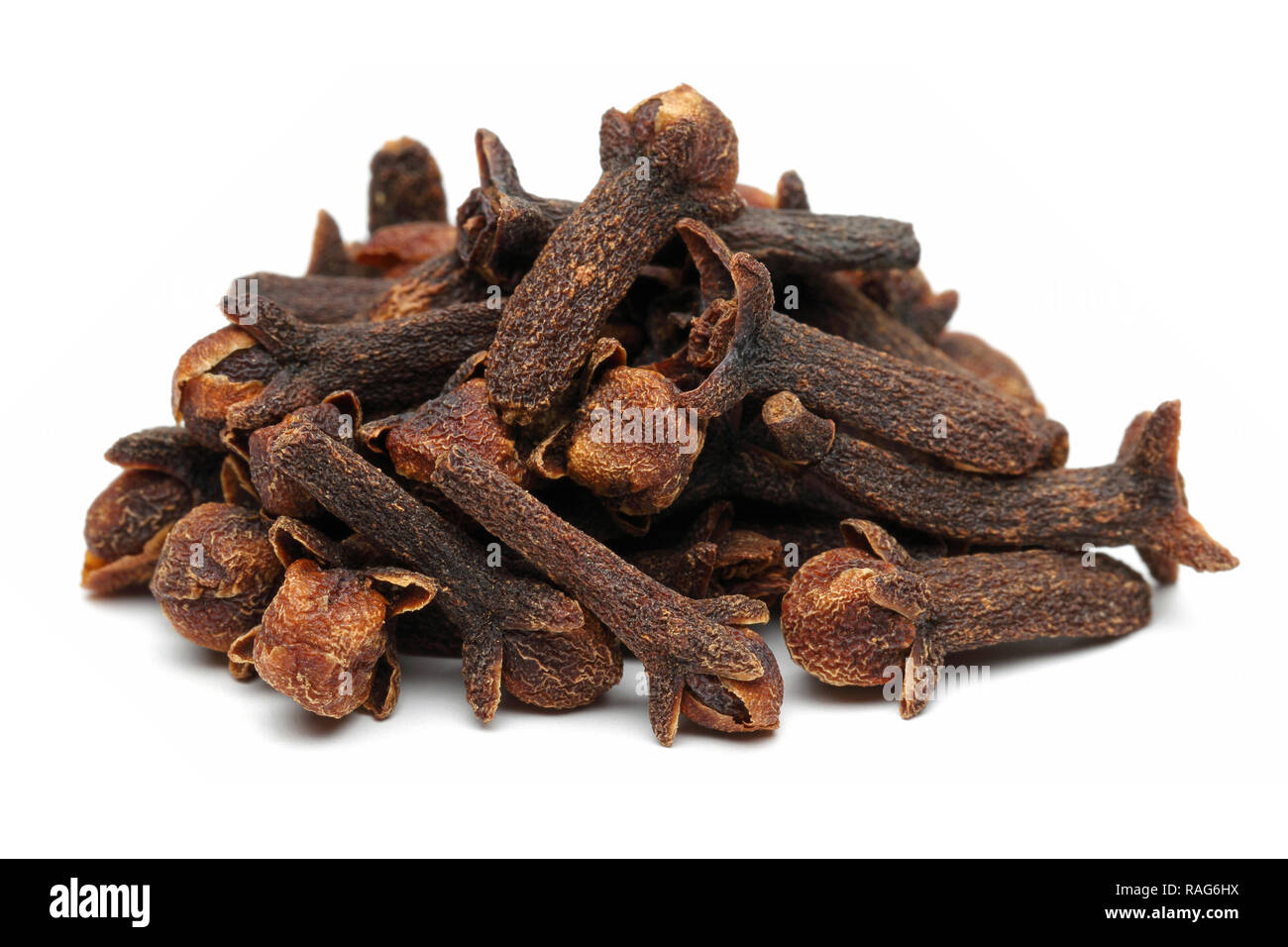 Dried clove buds isolated on white background. Macro, studio shot Stock