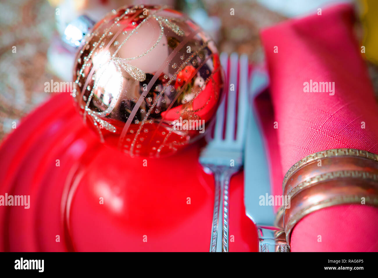 A table service prepared for Christmas or New Year Eve. Stock Photo
