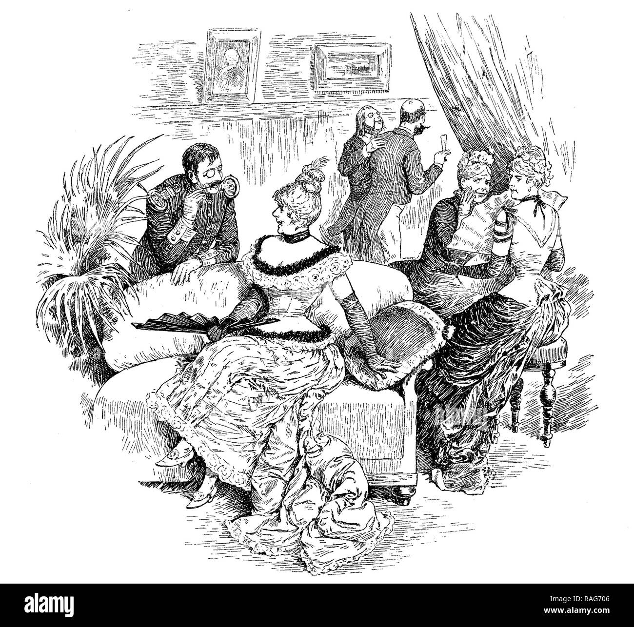 Gentleman officer with monocle flirts with voluptuous woman at the party while two other ladies look at them gossiping, vintage illustration Stock Photo
