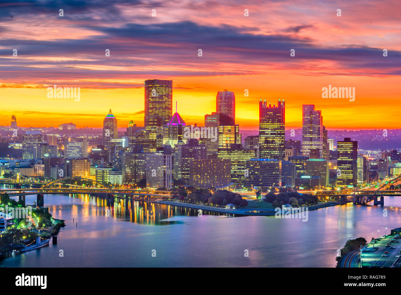 Pittsburgh, Pennsylvania, USA city skyline at dawn over the three rivers. Stock Photo