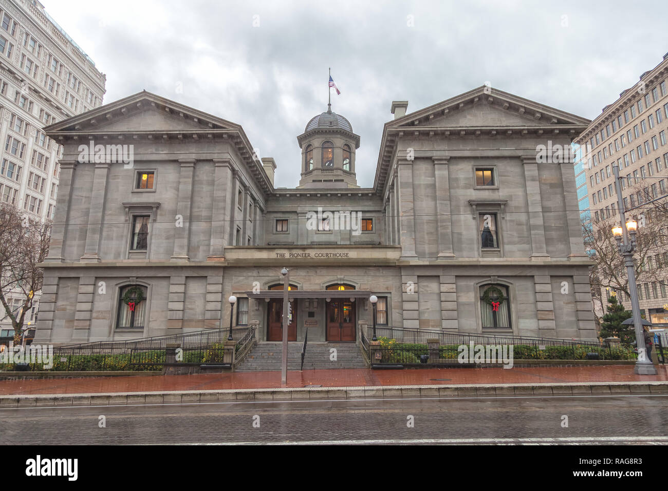 The Pioneer Courthouse in Portland, Oregon, United State, on a rainy day. Stock Photo