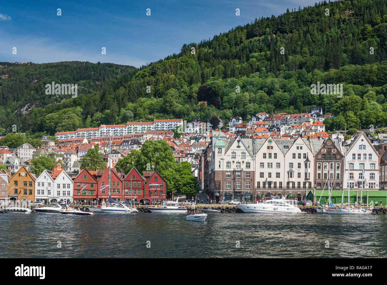 The wharf houses of Bryggen, are a series of Hanseatic commercial buildings lining the eastern side of the Vågen harbour in Bergen, Norway, Europe. Stock Photo